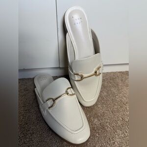 White with gold accent mules
